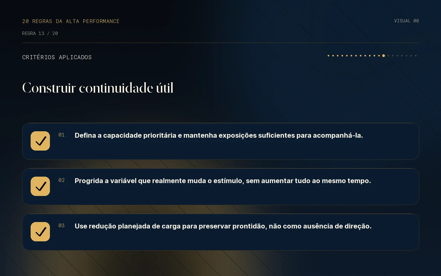 Checklist de critérios da Regra 13: Adaptação nasce da continuidade.