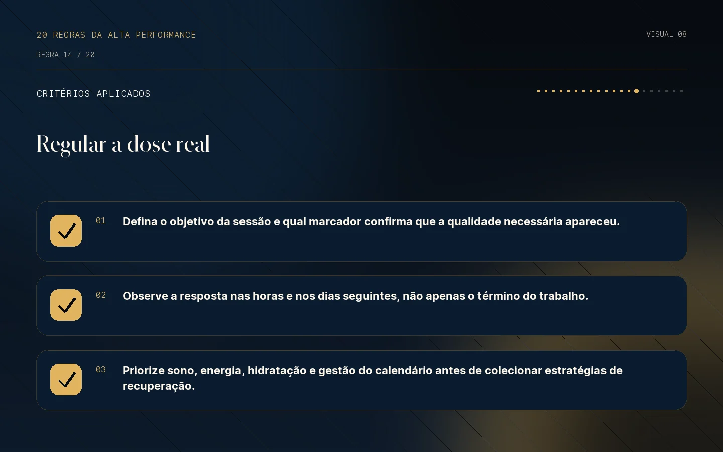 Checklist de critérios da Regra 14: Carga sem recuperação não é adaptação.