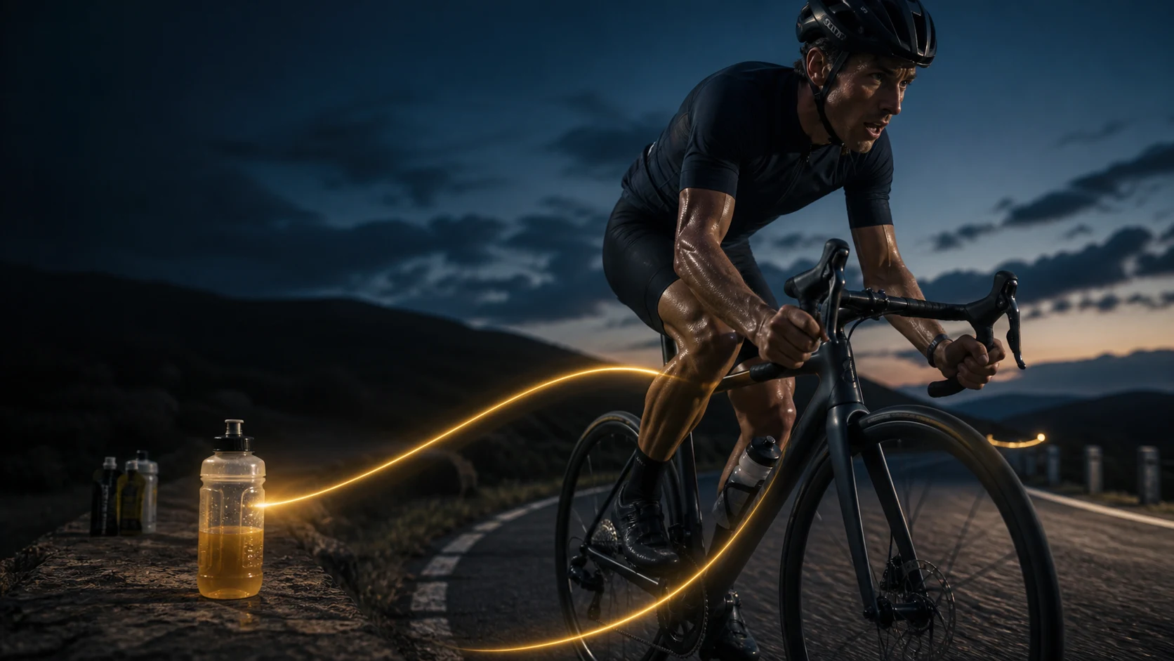 Ciclista de endurance pedala ao anoitecer enquanto um filamento dourado conecta a estratégia de abastecimento ao esforço.