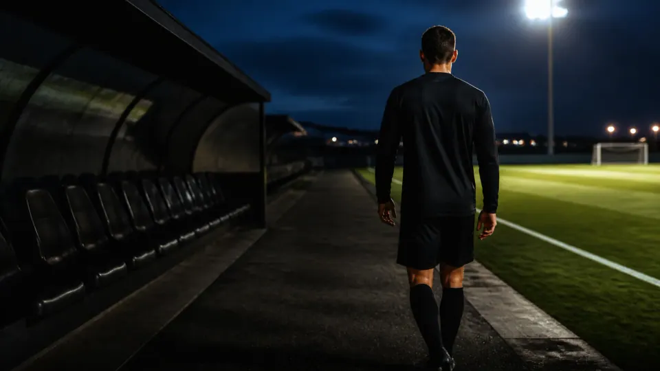 Jogador caminha do banco de reservas em direção ao campo iluminado durante a noite.