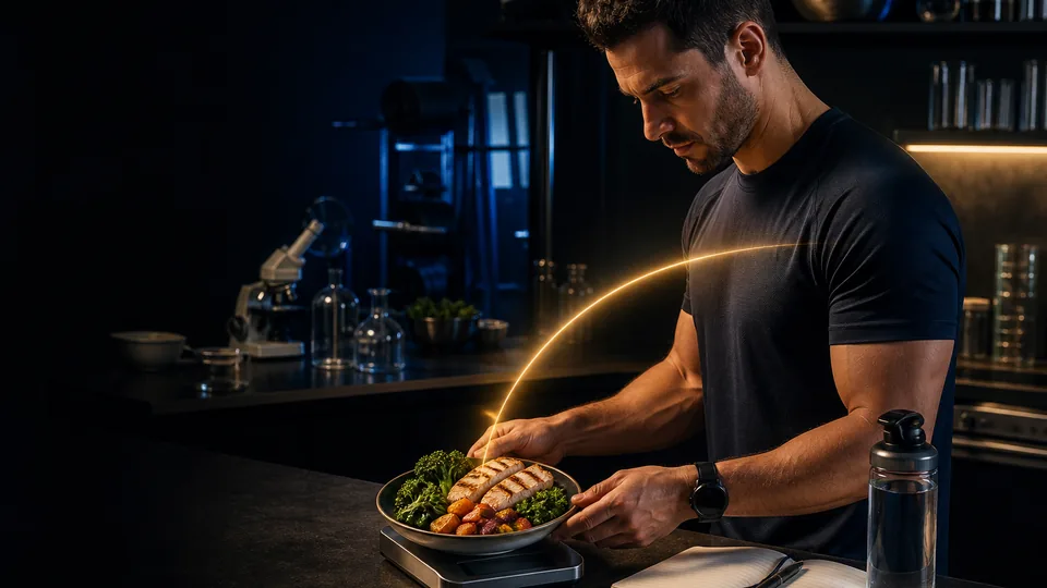 Atleta pesa uma refeição em um ambiente que integra cozinha e laboratório, com um arco dourado simbolizando o fluxo de energia.