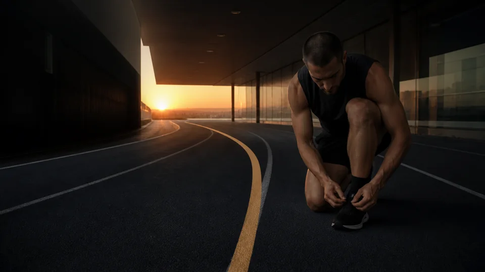 Atleta ajusta o cadarço numa pista escura enquanto uma linha dourada curva em direção ao horizonte ao amanhecer.