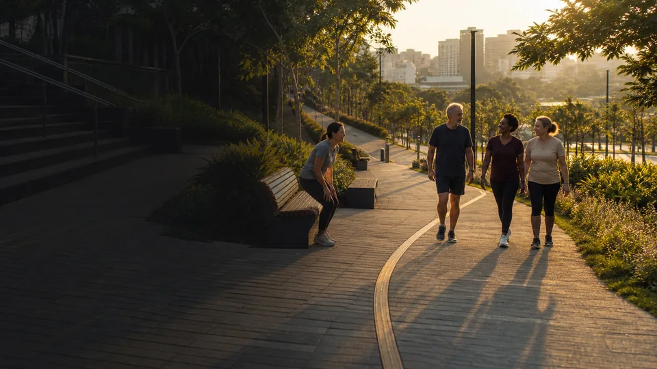 Três adultos caminham juntos por um parque urbano ao amanhecer, seguindo uma curva iluminada entre áreas de descanso e movimento.
