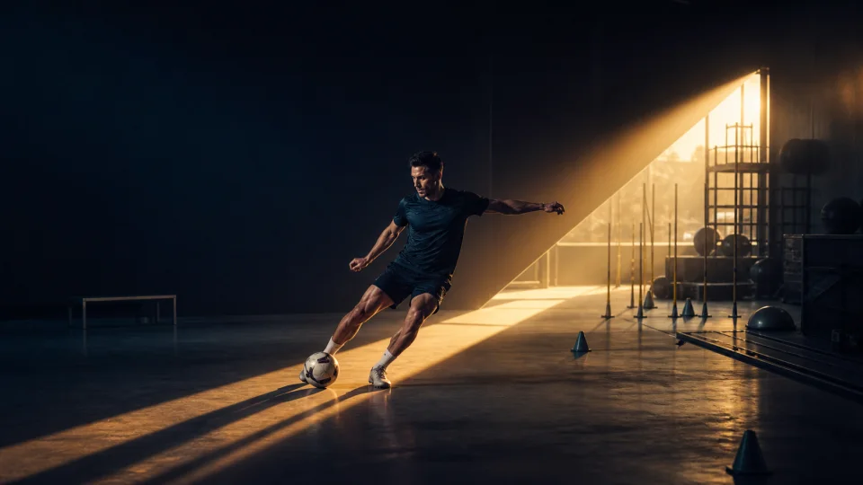 Atleta conduz uma bola dentro de um corredor diagonal de luz entre uma área vazia e outra repleta de estímulos.