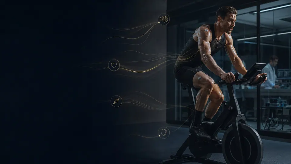 Atleta pedala em bicicleta ergométrica enquanto é monitorado em um laboratório.