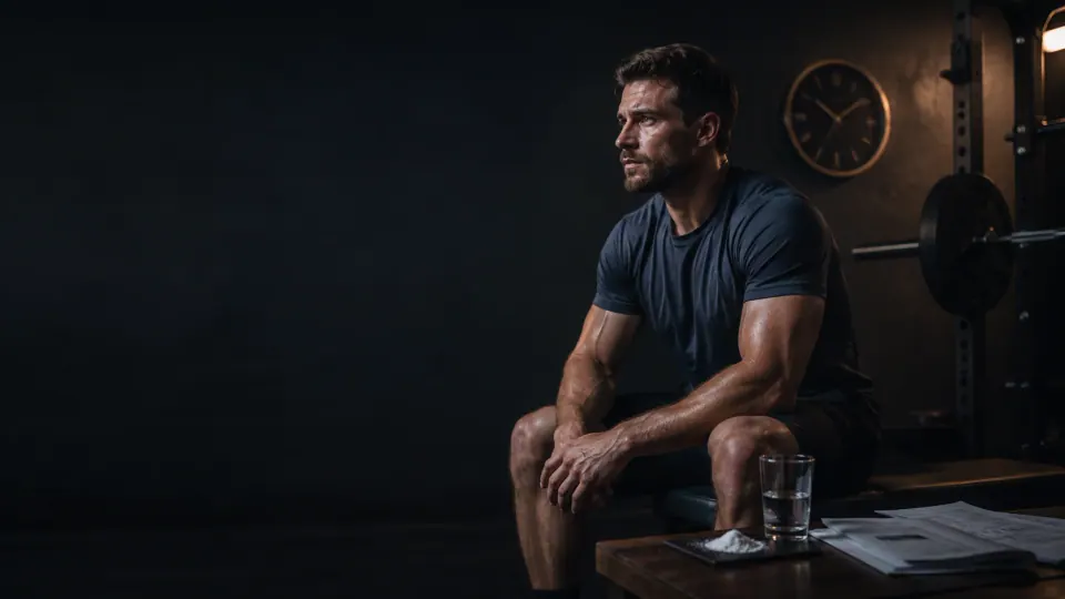 Atleta em recuperação diante de um relógio, sugerindo sono e adaptação ao treinamento.