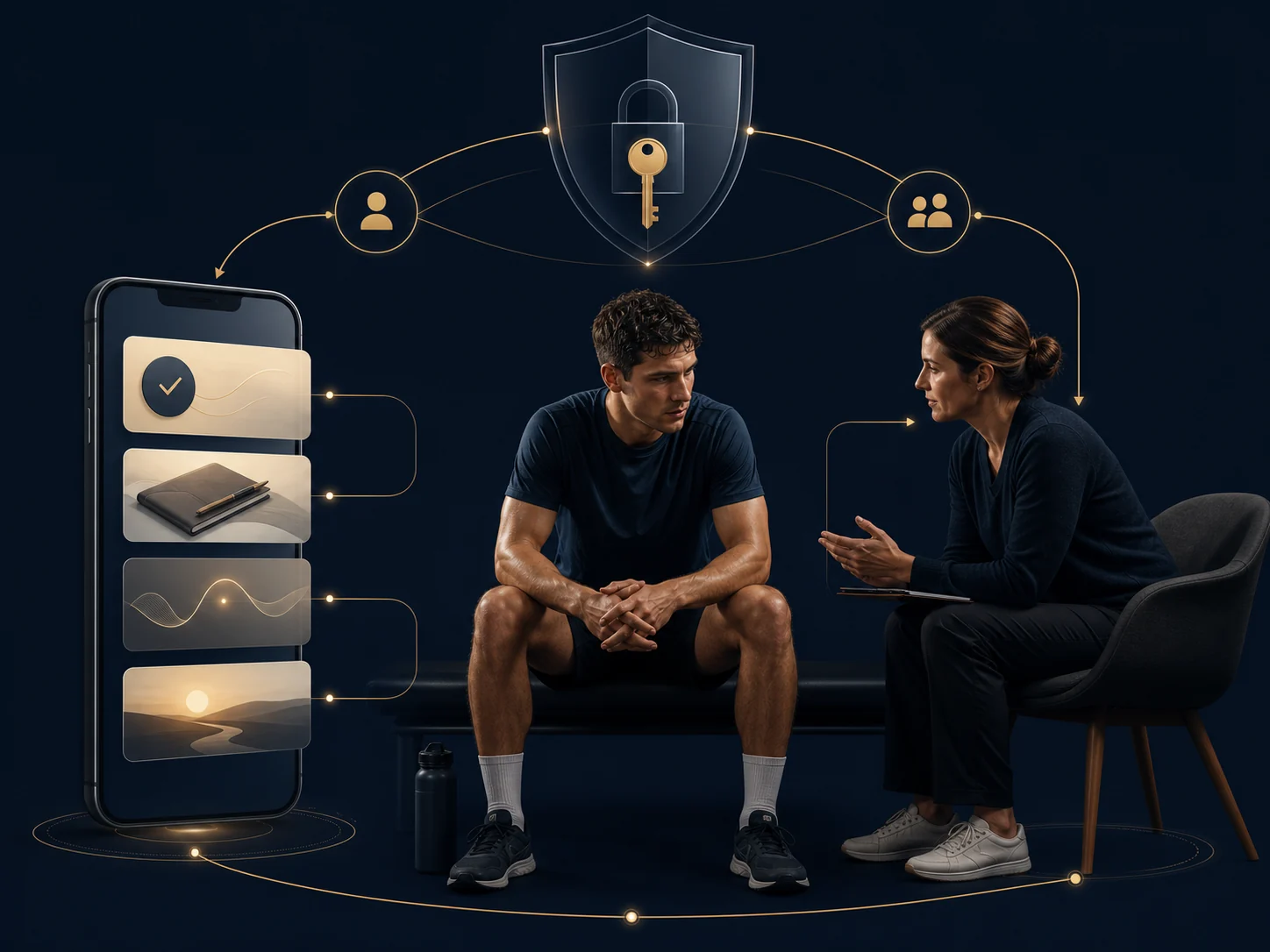 Arquitetura híbrida com smartphone para apoio cotidiano, atleta ao centro, profissional em conversa e camada de proteção de dados.