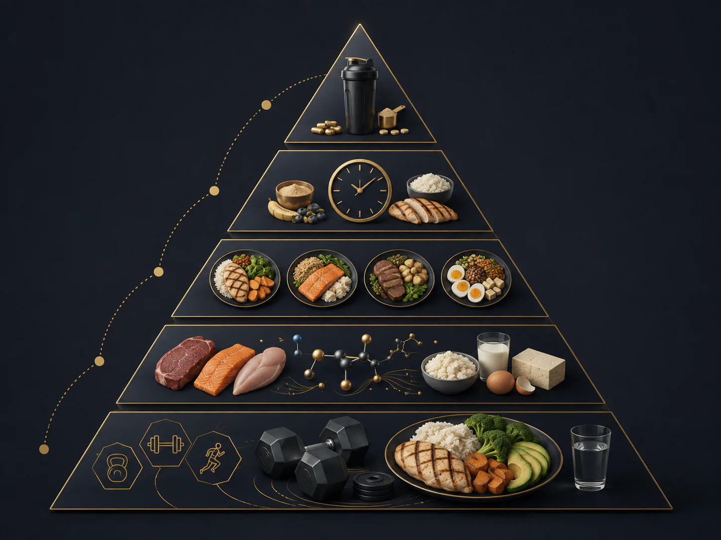 Pirâmide visual mostrando treinamento e alimentação como base, seguidos por proteína diária, refeições, timing e suplementos.
