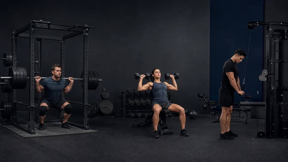 Três atletas treinando com barra, halteres e cabo para representar diferentes faixas de carga.