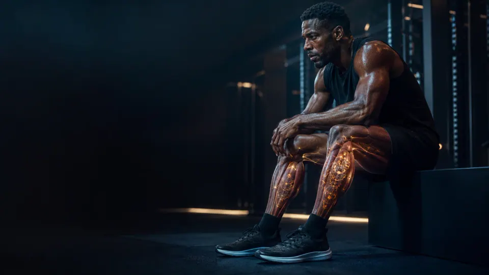 Atleta sentado após o treino com destaque visual para a musculatura das pernas.