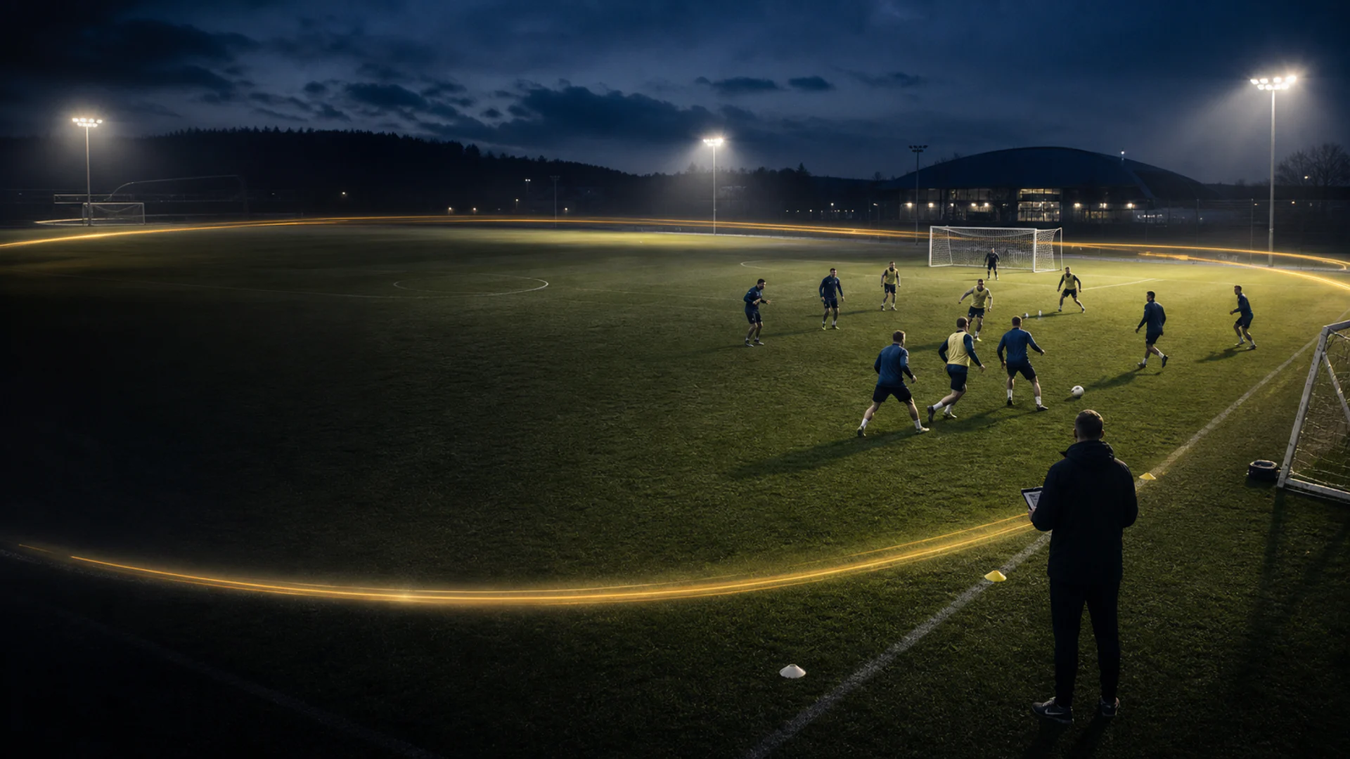 Treino de futebol ao anoitecer observado por um treinador, cercado por um arco dourado que representa o ciclo entre partidas.