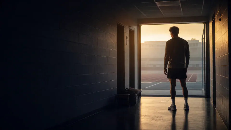 Atleta diante da entrada iluminada de uma pista, entre a sombra e o início da ação.