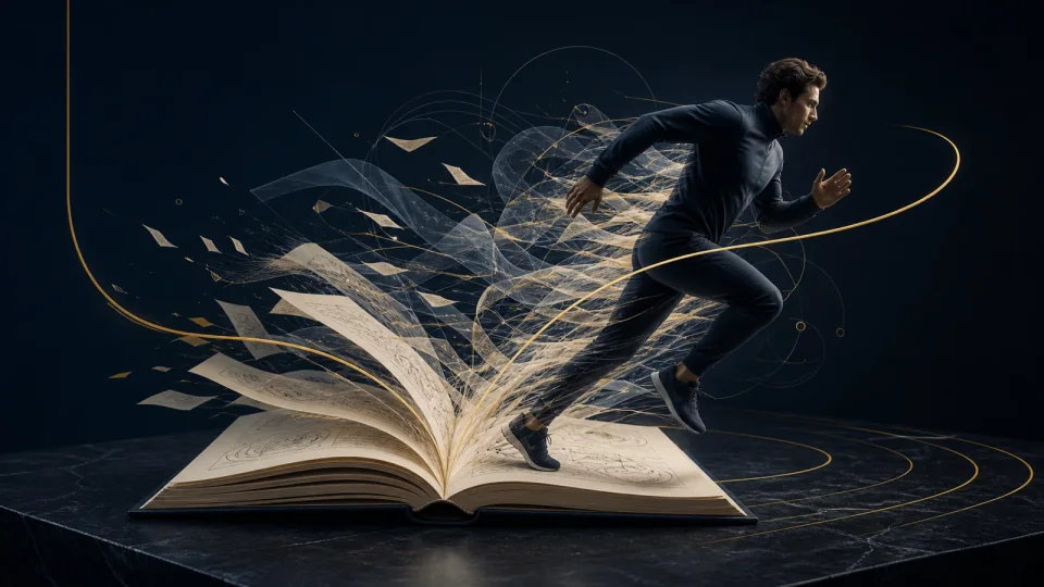 Um livro aberto se transforma em um atleta em movimento, cercado por camadas de papel, fibras abstratas e uma linha dourada de feedback.
