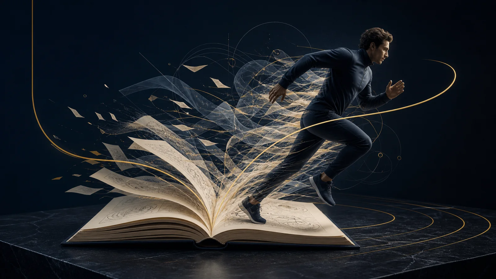 Um livro aberto se transforma em um atleta em movimento, cercado por camadas de papel, fibras abstratas e uma linha dourada de feedback.