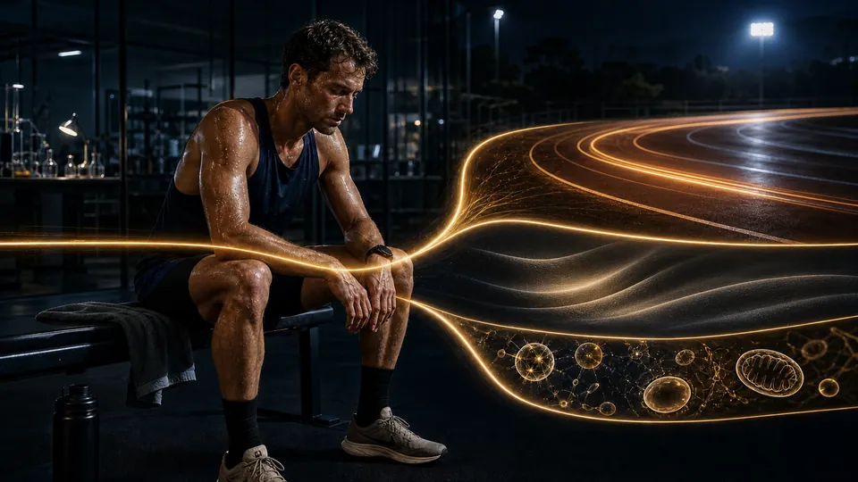 Atleta sentado após o treino enquanto um fluxo dourado divide o orçamento energético entre execução, recuperação e regulação.