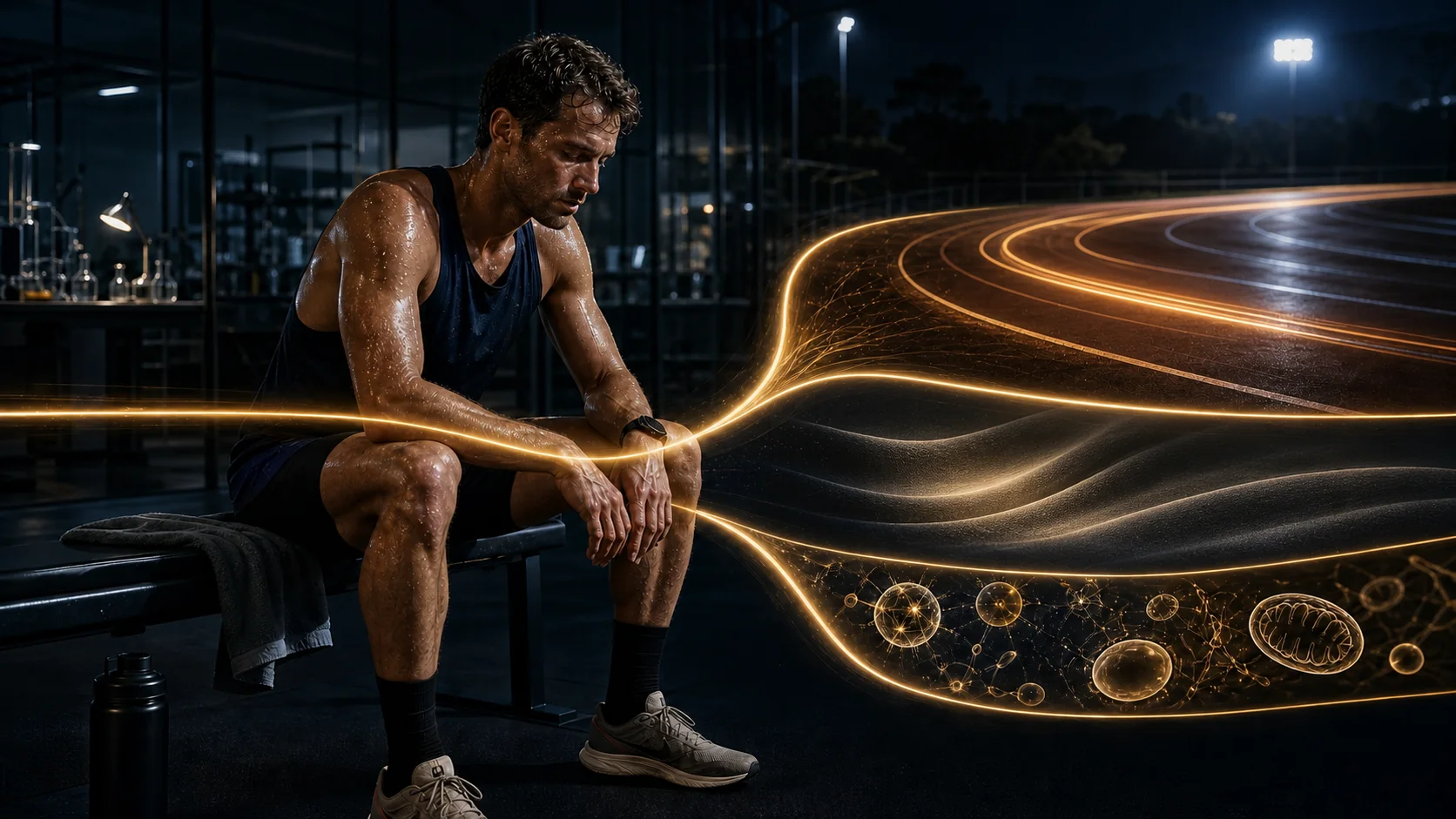 Atleta sentado após o treino enquanto um fluxo dourado divide o orçamento energético entre execução, recuperação e regulação.
