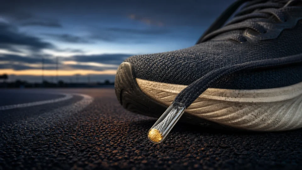Close editorial de um tênis de corrida sobre a pista, com a ponta protetora do cadarço revelando uma metáfora sutil dos telômeros.