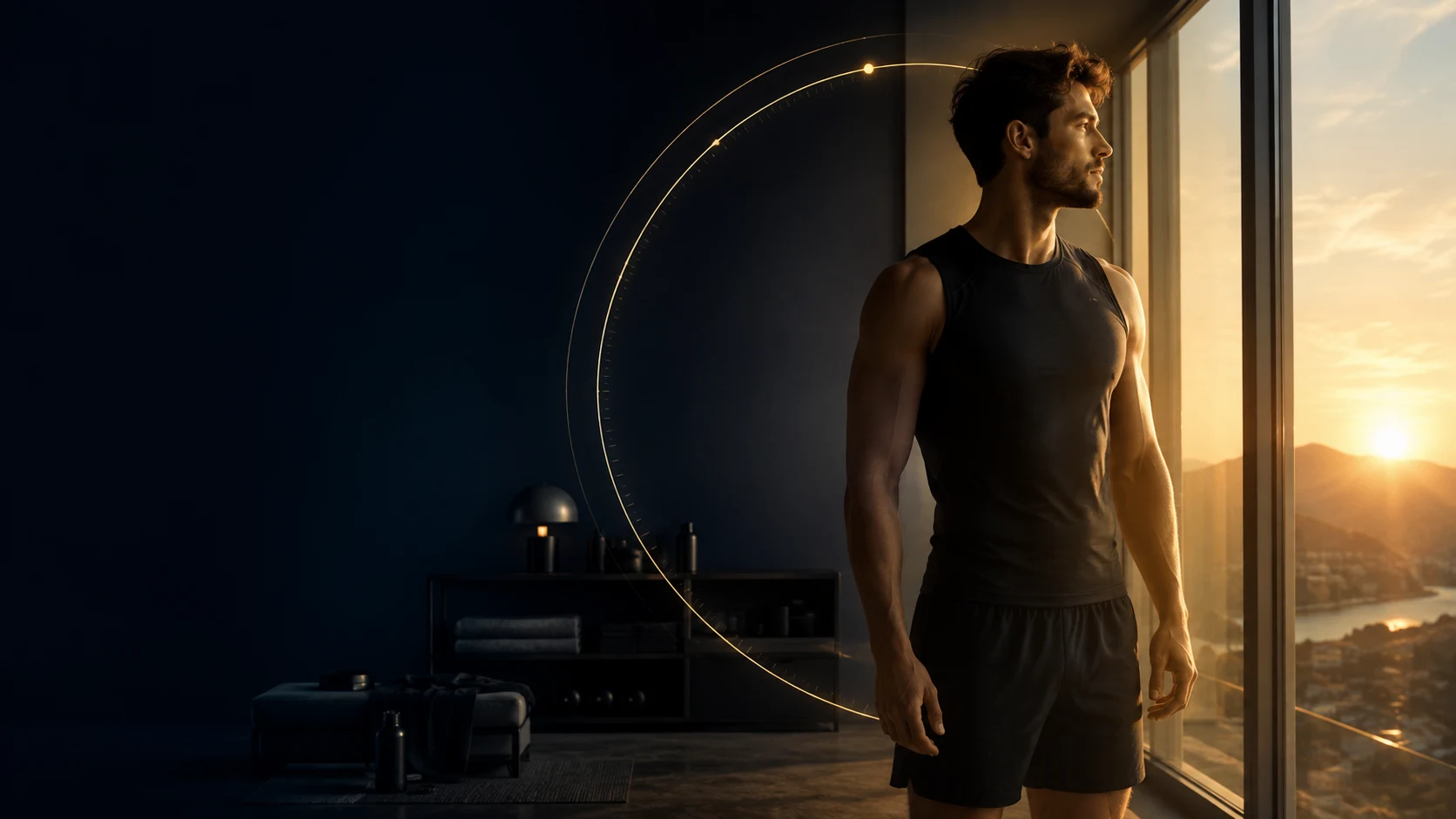 Atleta diante da luz da manhã em uma composição que representa a transição entre noite e dia.
