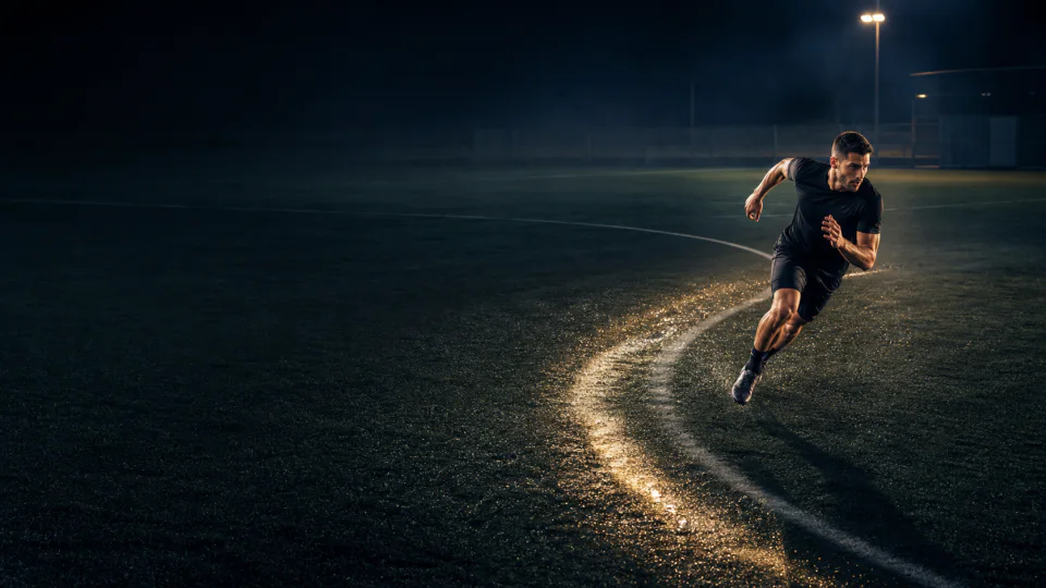 Jogador acelera inclinado em uma trajetória curva iluminada sobre um campo de futebol à noite.