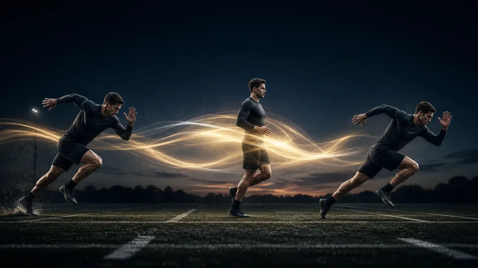 Atleta em dois sprints separados por um momento de recuperação ativa, conectados por uma fita luminosa dourada.